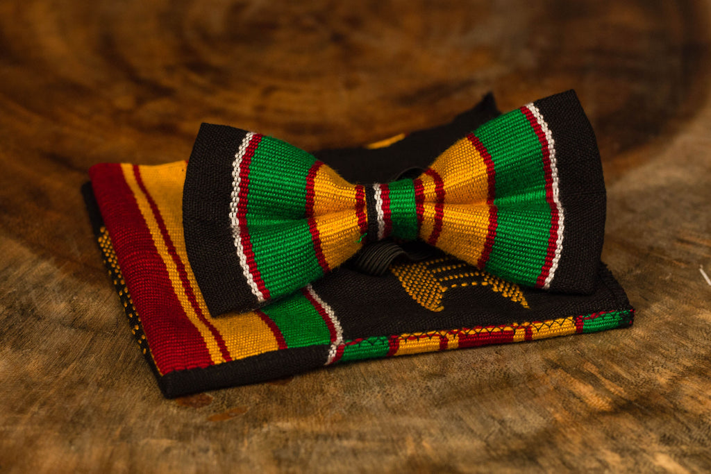 Kente bow tie with pocket square (Black)